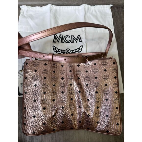 NWT MCM Monogram Printed Metallic Visetos Crossbody Pouch Champagne Medium $365 - Picture 12 of 13